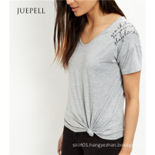 Grey Embroidered Slogan Shoulder Cotton T Shirt